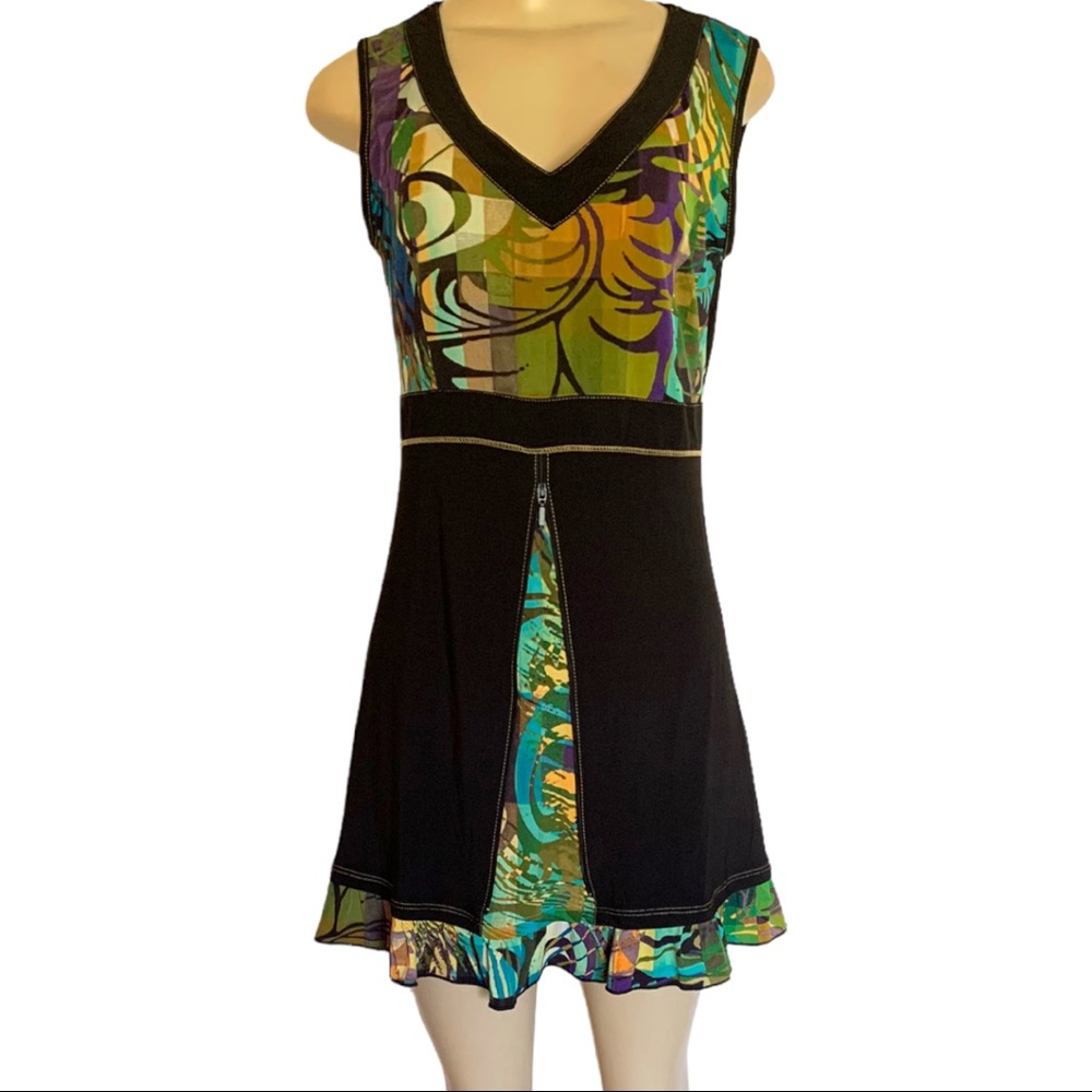 Bali Bold Jungle Floral Ruffle Zipper Contrast Stitch Sleeveless Stretch Dress